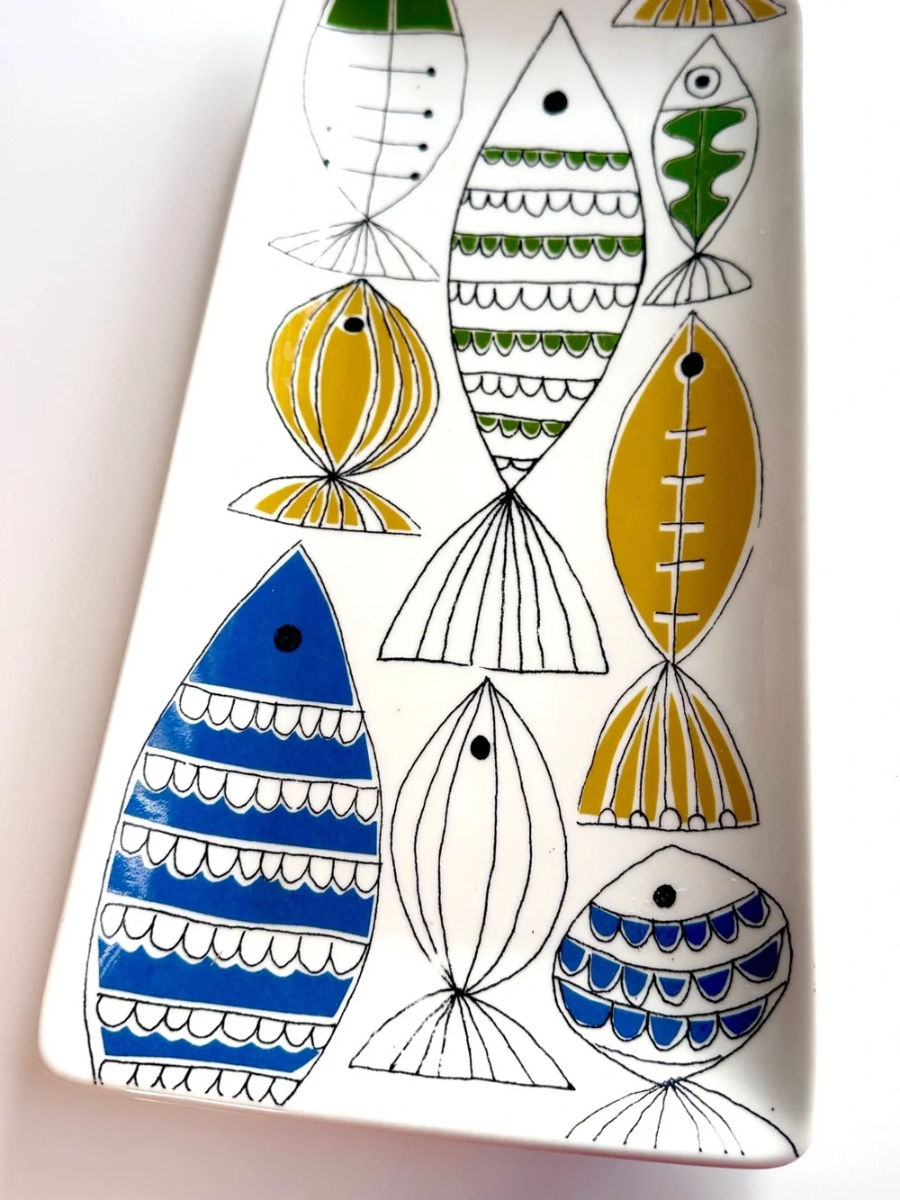 West Elm Fiona Howard Lino-Print Fish Motif Ceramic Tray in Blue, Yellow, Green
